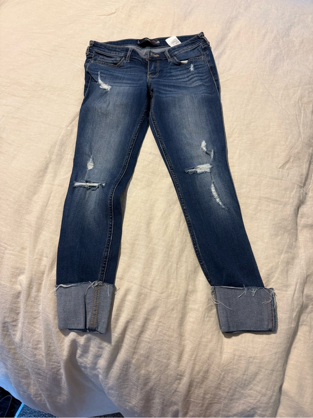 Hollister Distressed Dark Blue Boyfriend Jeans with Cuffed Hem